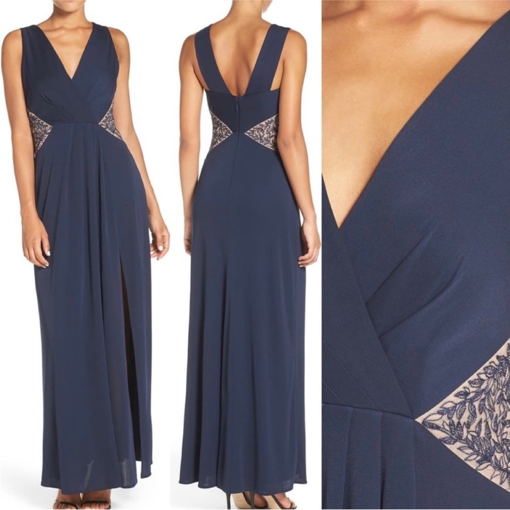 BCBG Max Azria 'Hasani' ~Navy Crepe Embroidered Plunge Side Slit Gown